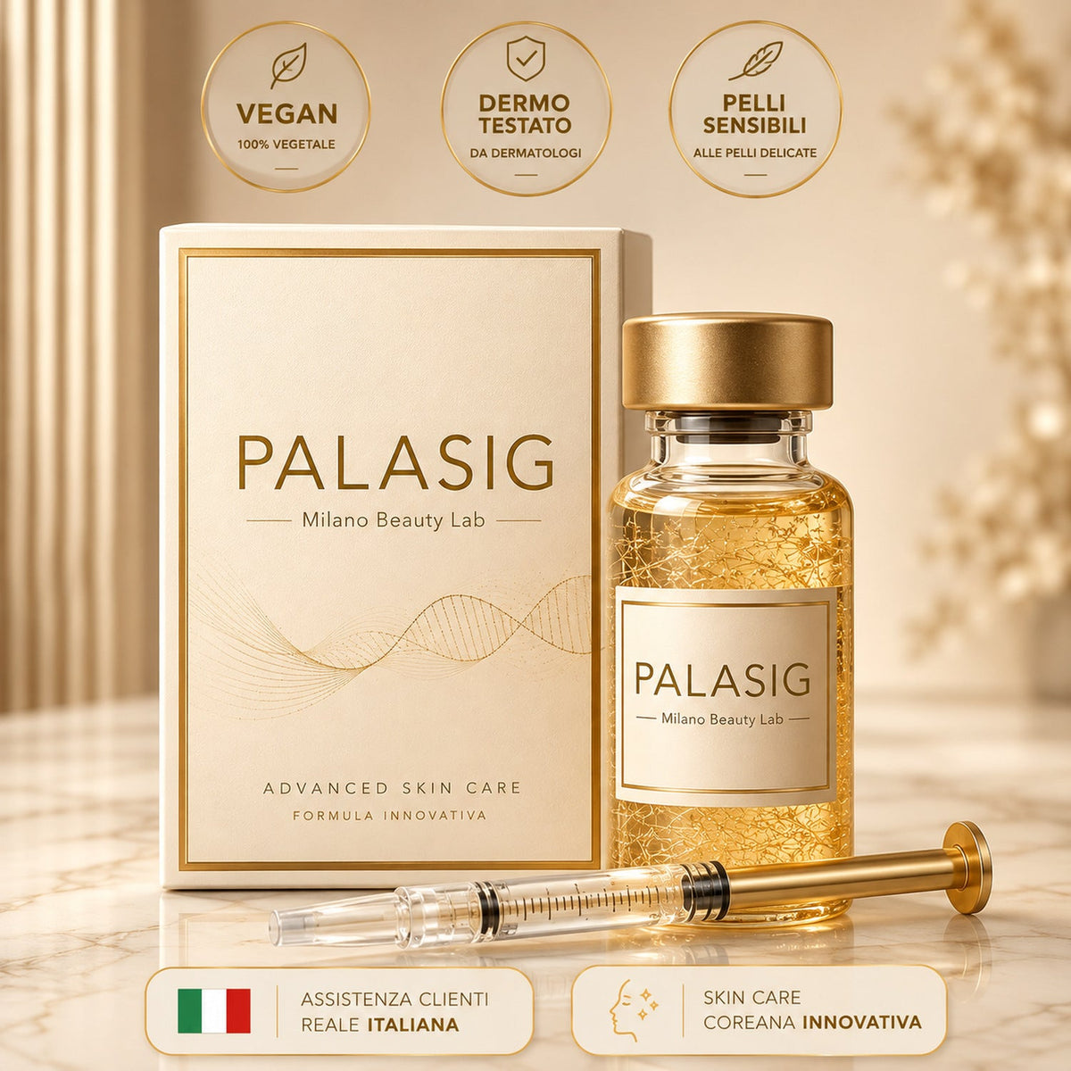 PALASIG Siero Coreano – confezione, fiala e siringa cosmetica